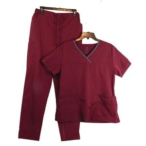 Dagacci Womens Scrub Set Burgundy Wine V-Neck Top Cargo Pants Medical Uniform L